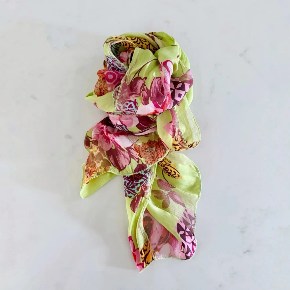 90s Vintage Marcrozier Paris Floral Print Silk Oblong Scarf Wrap, Green & Pink
